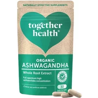 Together Health Ashwagandha Vegicaps in green and beige pouch with heart logo, 30 capsules shown.