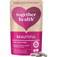 Together Health Beautiful Hair, Skin & Nails Caps in pink and beige pouch with heart logo, 60 capsules.