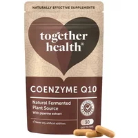 Together Health Bio-CoQ10 Vegicaps in a brown pouch with heart logo, 30 capsules, natural fermented plant source.