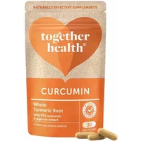 Together Health Curcumin Complex in orange pouch with heart logo, 30 vegicaps visible at bottom.