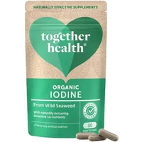 Together Health Iodine Vegicaps 30 in green and beige pouch with heart logo, wild seaweed text, and three capsules.