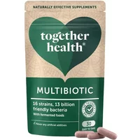 Together Health Multibiotic Vegicaps in green pouch with heart logo, 30 capsules, natural supplement branding.