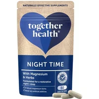 Together Health Night Time Complex in blue pouch with heart logo, 60 vegicaps, magnesium and herbs for sleep.