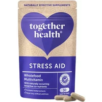 Together Health Stress Aid Complex, beige and purple pouch with heart logo, contains 30 vegicaps.
