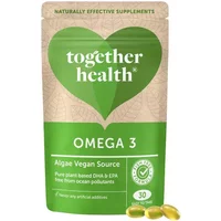 Together Health Vegan Omega 3 Softgels in green pouch with heart logo, 30 count, algae-based, eco-friendly packaging.