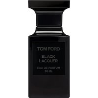 Black Tom Ford perfume bottle with sleek design, labeled "Black Laquer Eau de Parfum 50 ml" in silver text.