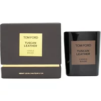 Tom Ford Tuscan Leather candle 200g in sleek black glass with matching black box and gold label detailing.