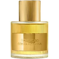 Gold cylindrical Tom Ford Costa Azzurra perfume bottle with ribbed cap and embossed label, 50 ml size.