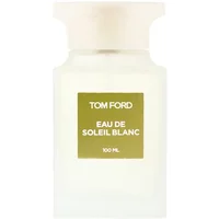 Transparent frosted bottle with white cap, gold label reading "Tom Ford Eau De Soleil Blanc 100ml."