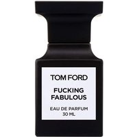 Black Tom Ford perfume bottle with white label, bold text "F****** Fabulous Eau de Parfum 30ml" in black lettering.