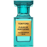 Turquoise Tom Ford Fleur de Portofino Eau de Parfum bottle with gold label, 50 ml, unisex citrus fragrance.