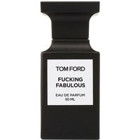 Black Tom Ford perfume bottle with white label, bold text "Fucking Fabulous," and angular cap, 50 ml size.