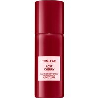 Red cylindrical Tom Ford Lost Cherry body spray bottle with white label, 150 ml size.