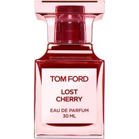 Red glass bottle of Tom Ford Lost Cherry Eau de Parfum, 30 ml, with bold white label and square cap.