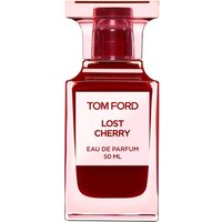 Red glass bottle of Tom Ford Lost Cherry Eau de Parfum, 50 ml, with bold white label and square cap.