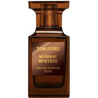 Amber glass bottle of Tom Ford Myrrhe Mystere Eau de Parfum, 50 ml, with gold label and square cap.
