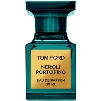 Teal glass bottle of Tom Ford Neroli Portofino Eau de Parfum, 30 ml, with gold label and square cap.