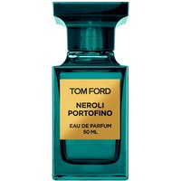 Teal glass bottle of Tom Ford Neroli Portofino Eau de Parfum with gold label, 50 ml size.