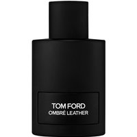 Black cylindrical Tom Ford Ombre Leather perfume bottle with white text, 150 ml capacity.