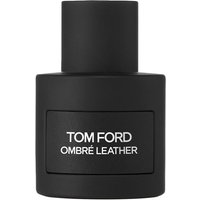 Black cylindrical bottle of Tom Ford Ombre Leather Eau de Parfum, 50 ml, with white text on front.