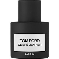 Black cylindrical Tom Ford Ombre Leather Parfum bottle with white label and bold black text, 50 ml size.