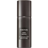 Tom Ford Oud Wood body spray in sleek dark brown cylindrical bottle with white text, 150 ml.