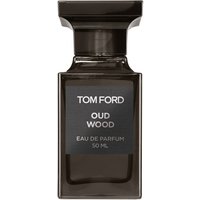 Dark brown Tom Ford Oud Wood Eau de Parfum bottle, 50 ml, with a sleek, rectangular shape and black label.