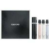 Tom Ford Roses Collection Eau De Parfum set with three 10ml bottles, sleek black and white packaging.