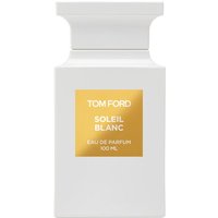 White Tom Ford perfume bottle with gold label, Soleil Blanc Eau de Parfum, 100 ml, unisex floral scent.