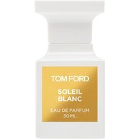 White Tom Ford Soleil Blanc Eau de Parfum bottle with gold label, 30 ml, unisex floral perfume.
