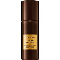 Brown Tom Ford Tuscan Leather body spray bottle with gold label, 150 ml, unisex fragrance for hair and body.