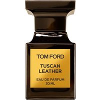 Black Tom Ford Tuscan Leather Eau de Parfum bottle with gold label, 30 ml size, unisex leather fragrance.