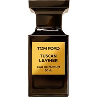 Dark glass bottle of Tom Ford Tuscan Leather Eau de Parfum, gold label, 50 ml, unisex leather fragrance.