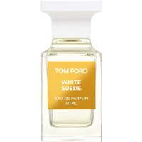 Clear glass bottle of Tom Ford White Suede Eau de Parfum, 50 ml, with a white cap and gold label.