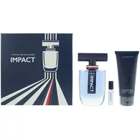 Tommy Hilfiger Impact gift set with blue perfume bottle, black cap, mini vial, and black body wash tube.