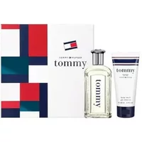 Tommy Hilfiger gift set with clear Eau De Toilette bottle and white body wash tube, red and blue packaging.