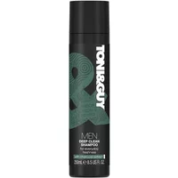 Black TONI&GUY Men Deep Clean Shampoo bottle, 250ml, with bold white logo and green ampersand design.