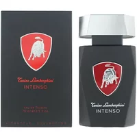 Black Tonino Lamborghini Intenso Eau De Toilette bottle with red logo and silver cap, next to matching box.