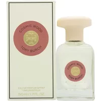 Tory Burch Cosmic Wood Eau De Parfum 50ml with cream cap, clear bottle, and pink circular label; matching box.
