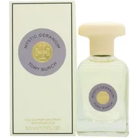 Tory Burch Mystic Geranium Eau De Parfum 50ml with cream cap and pale yellow box featuring purple and gold accents.