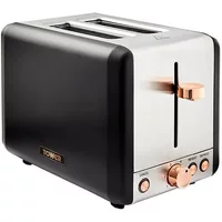 Black Tower Cavaletto 2-slice toaster with rose gold accents and stainless steel front panel.