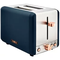 Midnight blue Tower Cavaletto 2-slice toaster with rose gold accents and stainless steel front panel.