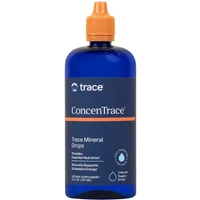 Blue bottle of Trace Minerals ConcenTrace Trace Mineral Drops with orange cap and white text.
