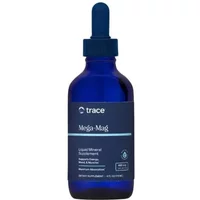 Blue bottle of Trace Minerals Mega-Mag Liquid Magnesium Drops with dark blue dropper cap.