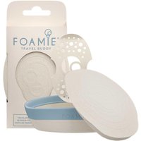 White oval Travel Buddy Soap Box by FOAMIE with blue accent and perforated lid, shown with packaging.
