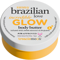 Treaclemoon Brazilian Love Body Butter 200 ml, white lid with orange base, text includes "incredible glow" and "PETA approved"