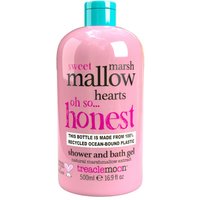 Pink Treaclemoon Marshmallow Hearts shower gel bottle with turquoise cap, 500 ml, featuring playful text design.