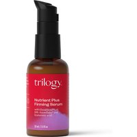 Brown bottle with black pump, red label reading "Trilogy Age Proof Nutrient Plus Firming Serum 30ml" in white text.