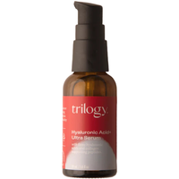 Brown glass bottle with black pump and red label, Trilogy Hyaluronic Acid + Ultra Serum, 30ml.