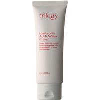 White tube of Trilogy Hyaluronic Acid+ Water Cream, red text, 50ml, with a flip-top cap.